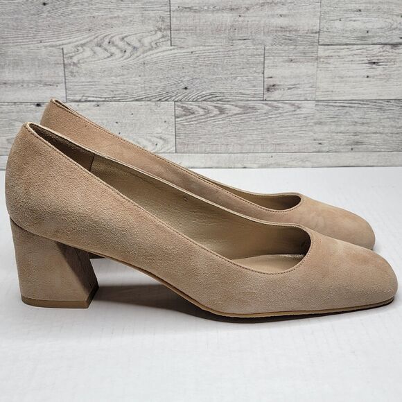 Stuart Weitzman Marymid Beige Suede Block Heel Pump 8.5 Career Money Minimalist - Picture 2 of 11